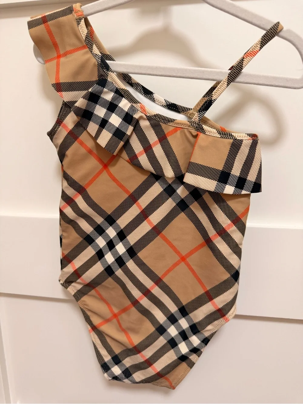 Burberry One-Shoulder Plaid Kids Swimsuit in Tan and Black